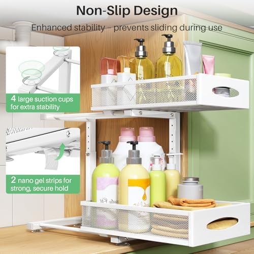 Under Sink Organizer, 2 Tier Pull out Cabinet Organizer Baskets with Mesh Sliding Drawers, Slide out Storage Shelf for Home, Kitchen, Bathroom, Pantry, Office Cabinet(1 Pack, White) - Image 6