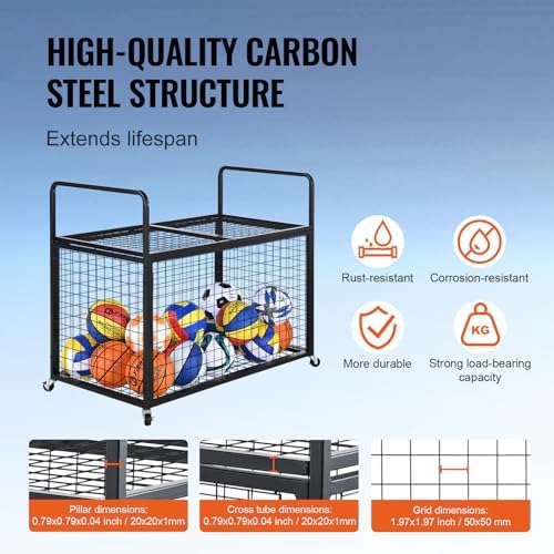 VEVOR Rolling Sports Ball Storage Cart, Lockable Basketball Cage with Double Lids, Sport Equipment Holder Organizer for Indoor Outdoor, Steel Storage Rack for Garages, Playgroup, Gym and Schools - Image 5