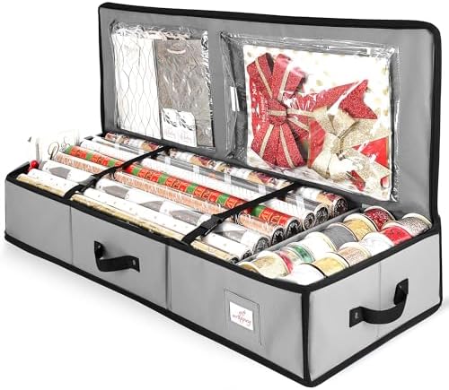 Hearth & Harbor Wrapping Paper Storage Container - Christmas Storage Bag with Interior Pockets - Gift Wrap Organizer Fits Up to 22 Rolls of 40" - Tear Proof, Silver by HearthHarbor