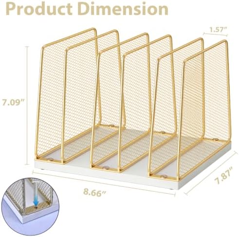 LEKETREE Gold Desk File Organizer, 5-Section Upright File Sorter, Vertical File Folder Holder, Mesh Metal Wood Office Desk Organizer for Document, Magazine, Books and more (White and Gold) - Image 6
