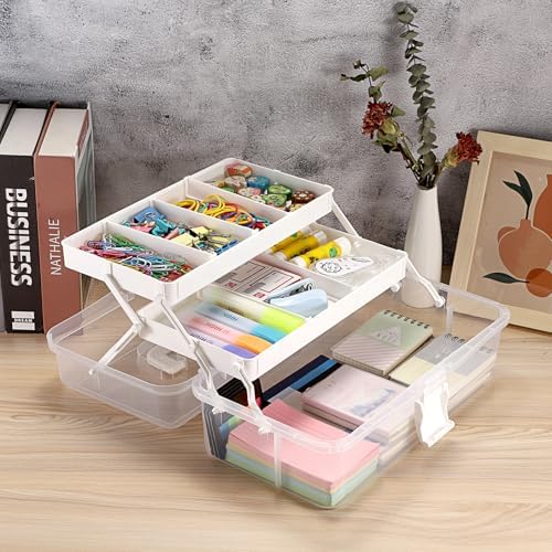 BTSKY 3-Layer Clear Plastic Dividing Storage Box Craft Organizer and Storage with Adjustable Spacers Portable Handled Art Supply Organizer Multipurpose Home Utility Box Sewing Organizers(Beige White) - Image 2