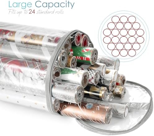 Hearth & Harbor Wrapping Paper Storage Container - Clear Wrapping Paper Holder Fits Up To 14 Rolls of 40" - Tear Proof Gift Wrap Organizer - Premium Bag for Easy Carrying, Silver - Image 3