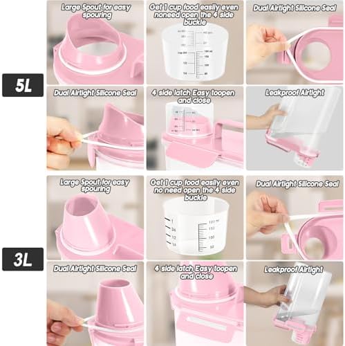 LEAWALK Cat Dog Pet Food Storage Container 5-7Lbs BPA-free (Light Pink, (3L+5L)-2pack) - Image 5