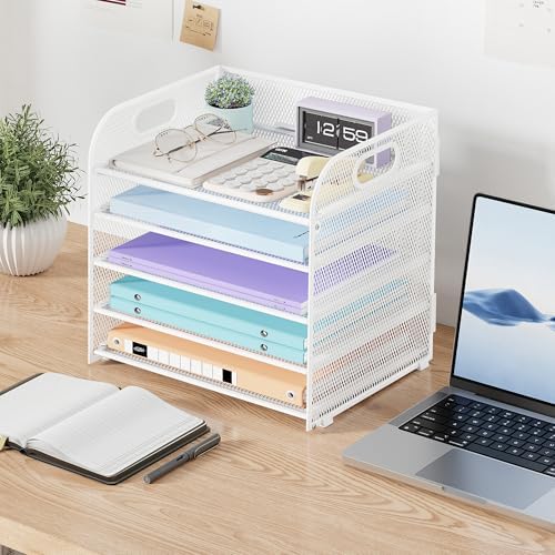 Cawukege 2 Pack 5 Tier Paper Organizer, Letter Tray with Handle, Mesh Desk Organizer, Metal File Organizer, Office Desk Accessories for Home, Office, Classroom, School (White, 2) - Image 7