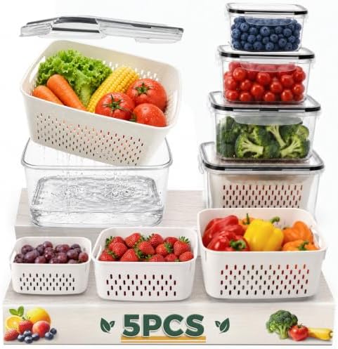 Fruit Storage Containers for Fridge: 5 Pcs with Removable Colander by CUNLU