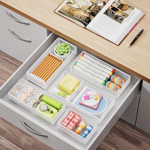 Marbrasse 5 Pack Desk Drawer Organizer Set, Mesh Drawer Storage Trays with 1 Adjustable Divider, Desk Organizers and Accessories, 5 PCS Drawer for Office Supplies, Makeup & Vanity (White) - Image 6
