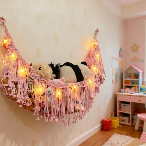 Stuffed Animal Hammock or Net With LED Lights Extra Large Wall Hanging Stuffed Animal Storage Nets for Teddy Bear Handmade Macrame Hanging Toy Net Hammock for Stuffed Animal(Pink) - Image 4