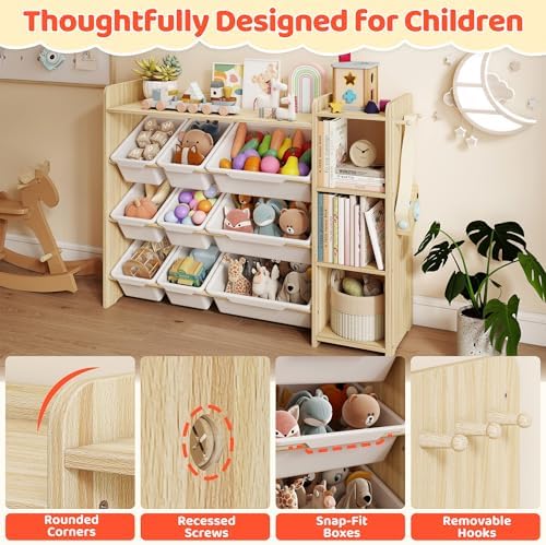 DOREROOM Toy Storage Organizer with Bookshelf, Kids Toy Storage and Organizers with 3 Shelves/9 Bins/3 Hooks, Bin Shelf, Toy Organization for Playroom, Nursery, Bedroom, Toddler Room | Wood & White - Image 6