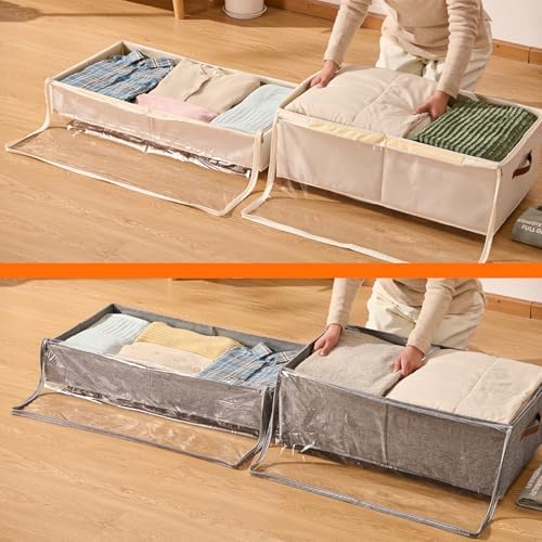 6 Inches Under Bed Storage with Wheels Pack of 2, Underbed Shoe Storage Container Bin with Clear Lid Cover, Rolling Under Bed Drawer Storage Bag Basket for Shoe Organizer Sheet Sweater - White - Image 6