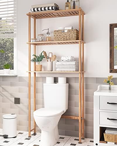 AmazerBath Bamboo Over The Toilet Storage Shelf, 3-Tier Bathroom Over Toilet Organizer Rack, Freestanding Above Toilet Shelf for Bathroom, Laundry, Space Saver, Natural Color by AmazerBath