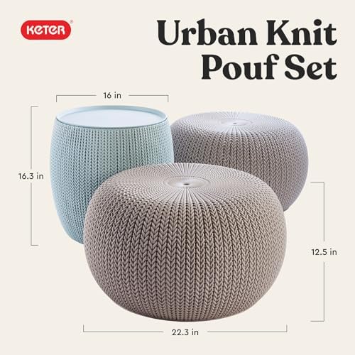 Keter Urban Knit Pouf Ottoman Set of 2 with Storage Table for Patio and Room Décor - Perfect for Balcony, Deck, and Outdoor Seating, Misty Blue & Taupe - Image 3