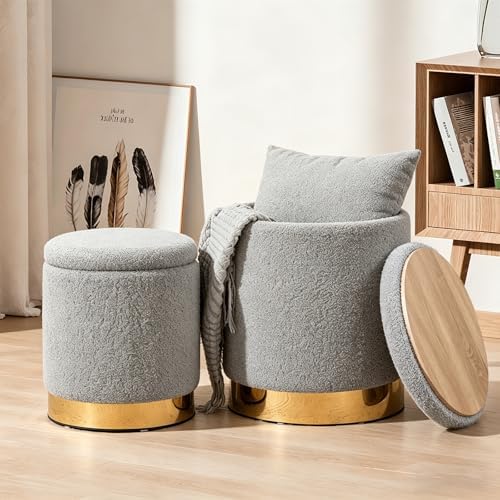 YYW HOME Round Ottoman with Storage Set of 2 Gray Sherpa Vanity Stool by YYWHOME