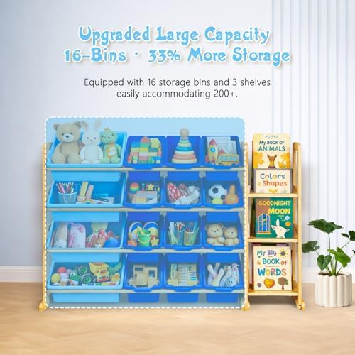 Kids Toy Storage Organizer with Bookshelf – Wooden Shelf with 16 Bins & 3 Shelves, Quick Assembly Storage Rack for Playroom, Bedroom, Nursery - Blue - Image 5