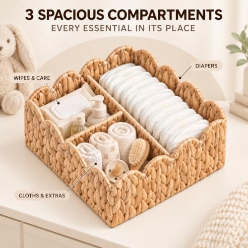 Divided Scalloped Basket,Wicker Diaper Caddy Scalloped Baske,Woven Natural Water Hyacinth Basket with 4 Dividers,Suitable for Baby Rooms, Bathrooms, Bedrooms (Beige) - Image 4