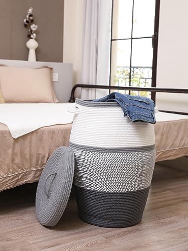 26"x20" Cottonphant Extra Large Tall Woven Laundry Basket with Lid, Cotton Rope Blanket Storage Basket, Freestanding Decorative Bin for Bedroom Living Room, Grey & Dark Grey - Image 3