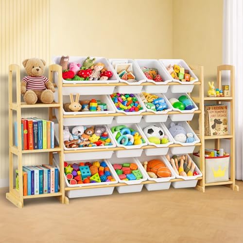 Kids Toy Storage Organizer with Bookshelf – Wooden Shelf with 16 Bins & 6 Shelves, Quick Assembly Storage Rack for Playroom, Bedroom, Nursery - White by KidsToyStorageOrganizer