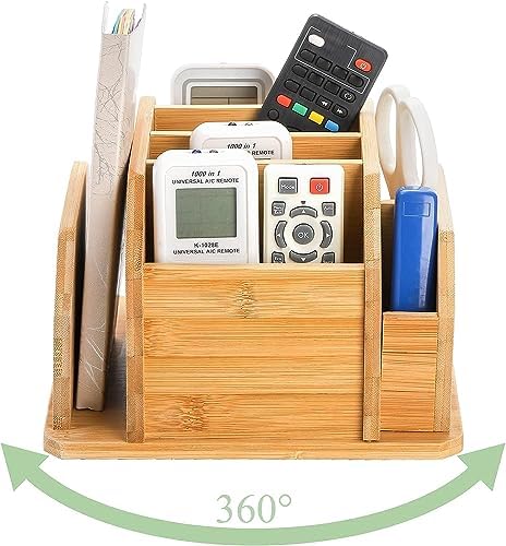 yarlung Bamboo Rotating Remote Control Holder for Table, 7 Compartments Office Supplies Organizer 360° Spinning Desktop Storage Caddy for Pen, Colored Pencil, Book Sewer, Sticky Notes - Image 4