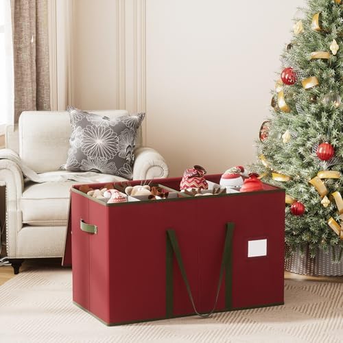 Christmas Figurine Storage Box for 15-Inch Figurines and Nutcrackers, Holiday Decor Organizer with Adjustable Dividers, 8 Slots and 2 Pockets, Dual Zippers, 600D Oxford, 24.8"x12.2"x15.2" ,Red - Image 2