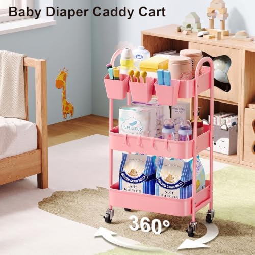 3 Tier Metal Rolling Cart with Lockable Wheels, Three Tiered Storage Carts - Image 2