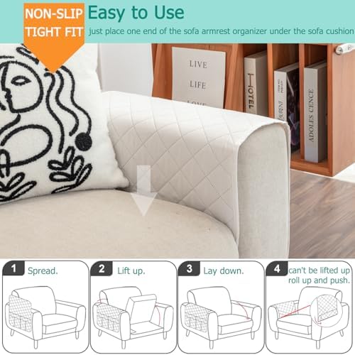 Armchair Caddy Remote Control Holder Sofa Organizer, Non-Slip Couch Arm Chair Caddy with 6 Pockets for Tablets,Smart Phone,Books,Pens,Magazines,Ipad (Off-White) - Image 4