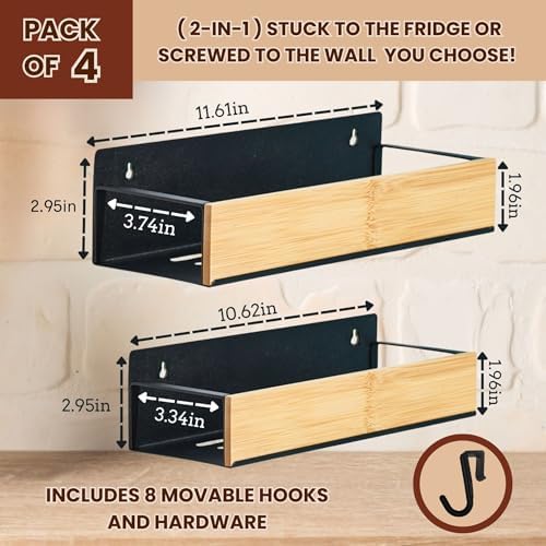 (4 Pack) Magnetic Spice Storage Rack Organizer for Refrigerator and Oven, Real Bamboo, 4 Strong Magnetic Shelf, Black Fridge Storage, Spice Rack Organizer, high quality metal - Image 2