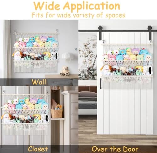 2 Tier Stuffed Animal Storage Shelf Net, 35x30'' Large Plushie Net Beige - Image 5