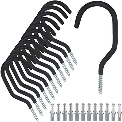 KURUI Heavy Duty Screw in Hooks for Hanging, 12 Pack Bike Hooks for Garage Wall with Screw Anchors, Wall Mount Bicycle Storage for Ceiling, Large Black Plant Hooks for Ceiling by KURUI