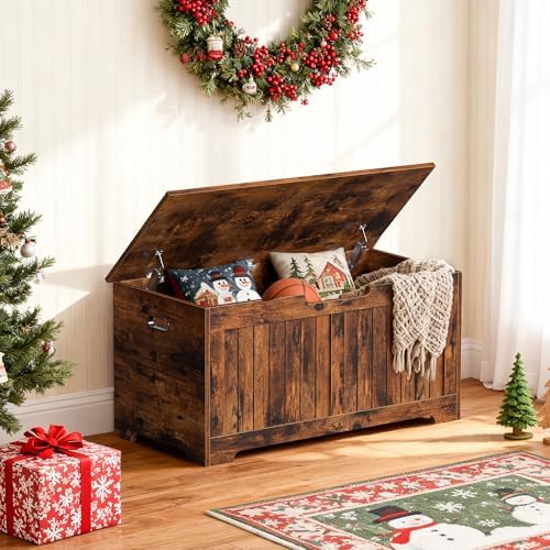 SUPER DEAL Storage Chest, 39 inches Chest Box Organizer with 2 Safety Hinges, Wooden Entryway Shoe Organizer Storage Bench, Rustic Brown - Image 2
