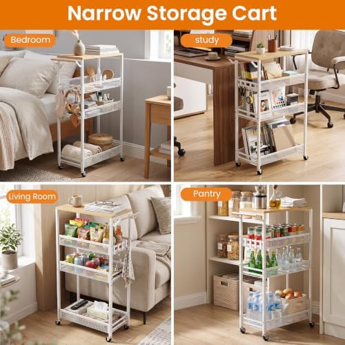 Slim Storage Cart with Adjustable Shelf, 4 Tier 9.1" Wide Narrow Rolling Utility Cart with Wooden Tabletop, Small Metal Mobile Shelf Unit Organizer Trolley for Laundry, Bathroom, Kitchen - Image 6