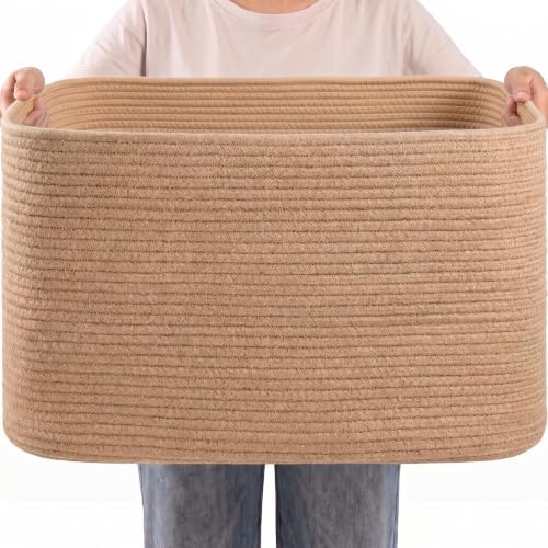 108L Extra Large Jute Rope Storage Basket, 25"x16"x16" Woven Laundry Hamper with Handles, Collapsible Blanket Basket for Living Room, Toy Storage Bin for Kids, Shelf Organizer, Natural Brown by Hobasket