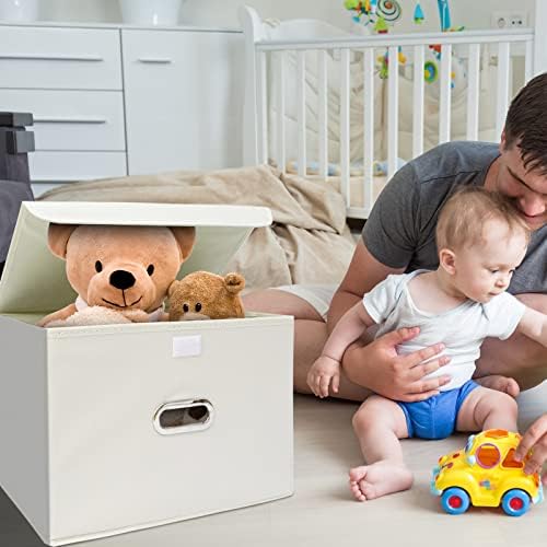 STOREONE Fabric Storage Cube Bins Foldable Organizer Container Collapsible Basket with Lids and Metal Handles, for Home, Bedroom, Closet 6 Pcs (Creamy-White) - Image 5