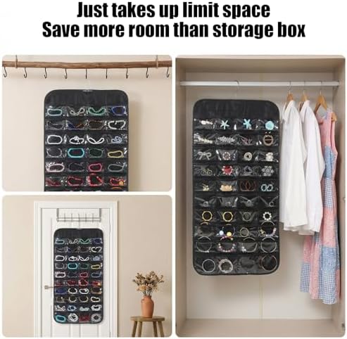 4 Pack Black Hanging Jewelry Storage with 80 Pockets, Double-Sided Closet Jewelry Organizer Hanging for Earrings, Necklaces, Rings, Bracelets - Image 6