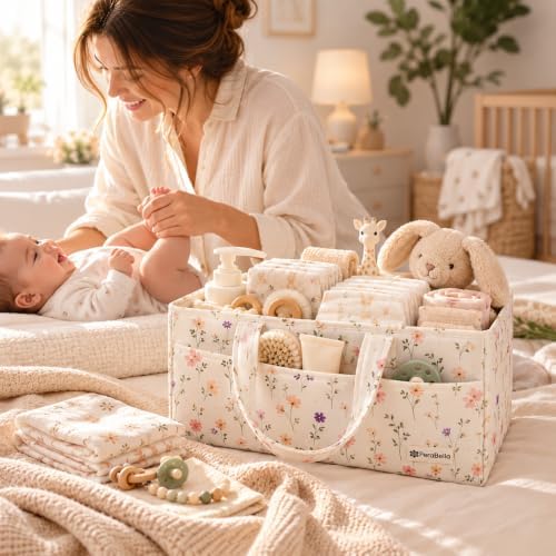 PeraBella Baby Diaper Caddy Organizer, Floral Baby Basket Shower Gift, Nursery Organizer Basket Newborn Boy& Girl Essential Items, Changing Table Organizer Caddy for Baby Stuff, Car Caddy-Cream Floral - Image 4