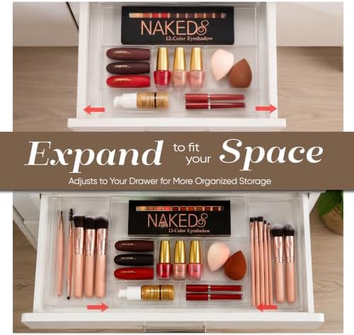 Masirs Expandable Drawer Organizer - Customizable Makeup Vanity Organizing Storage Tray for Bathroom, Bedroom & Desk Drawers - Clear Plastic Cosmetics Organizers with Expanding Compartment (Set of 2) - Image 3