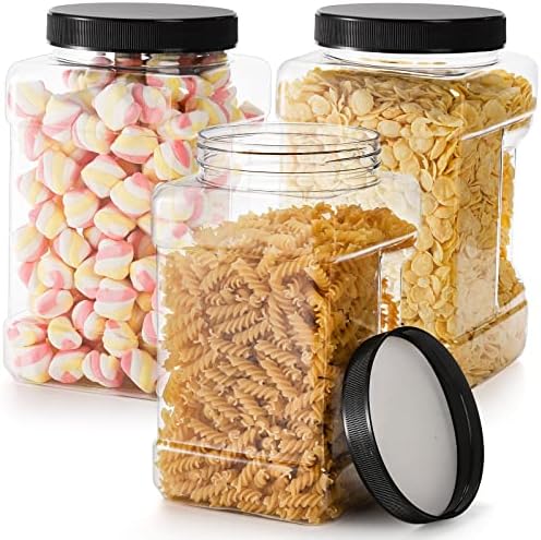 Lawei 3 Pack Square Clear Plastic Jars, 98 Oz Wide Mouth Storage Containers with Screw-On Lids, Refillable BPA Free Empty PET Jars for Dry Goods Peanut Cookies Candy, Easy Grip Airtight Storage Jar by ENJOYEVERYMOMENT