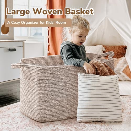 Goodpick 85L Large Woven Rope Blanket Basket, Rectangle, Brown - Image 2
