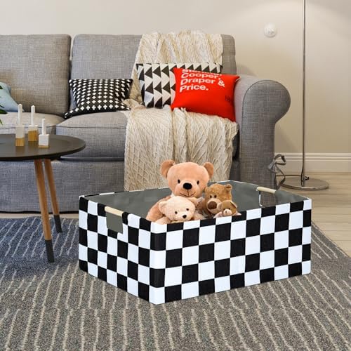 Black White Checkered Storage Basket with Wooden Handles, 16.5 x 12.2 x 6.7 Inch Fabric Organizer Bin for Shelves, Closet, Bedroom and Living Room, 1 Pack - Image 5