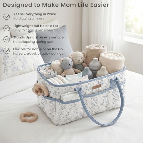 Konssy Baby Diaper Caddy Organizer, Floral Design with PU Leather Handles - Image 4