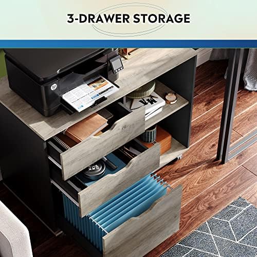 DEVAISE 3-Drawer Wood File Cabinet, Mobile Lateral Filing Cabinet, Printer Stand with Open Storage Shelves for Home Office, Greige - Image 4