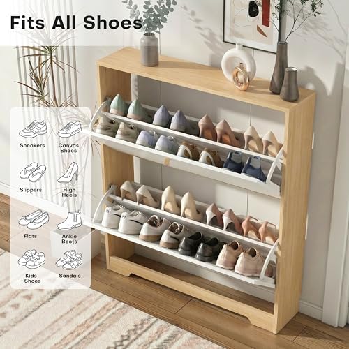 Nicetree Shoe Storage Cabinet with 2 Flip Drawers, Natural Oak and White - Image 3