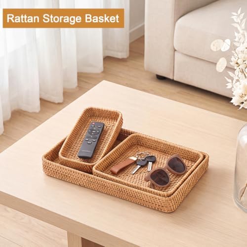 Hipiwe Set of 3 Rattan Serving Trays Woven Wicker Basket Tray for Storage - Image 5