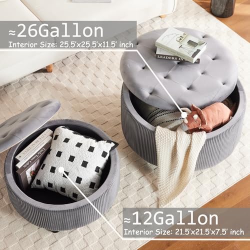 Round Storage Ottoman Coffee Table Set of 2, Gray, 29'' & 24.5'' - Image 4