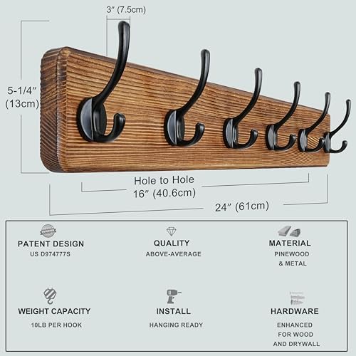 Dseap Wall Mounted Coat Rack: 24" Long, Patented, Heavy-Duty, 6-Double-Hooks Wooden Hanger Rail for Winter Coats, Hat, Jacket, Clothing - Natural & Black, Pack of 2 - Image 5