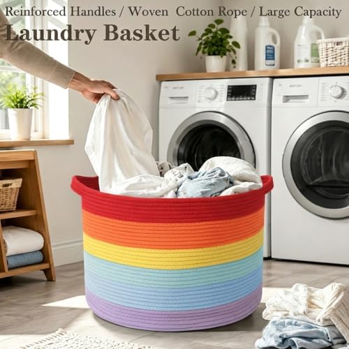 65L Large Blanket Basket,Rope Woven Laundry Basket-Rainbow - Image 5