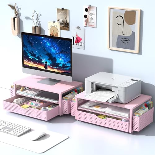 Spacrea Computer Monitor Stand with Drawer and 2 Pen Holders, Pink - Image 7