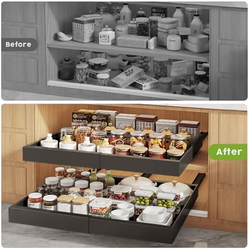 Seinloes 4 Pack Pull Out Cabinet Organizers 21" Deep With Raising Pad for Framed Cabinets, Expandable Width (15.2"-26.3") Slide Out Drawers Upgrade 3 Slide Rails, Roll Out Shelves Adhesive, Black - Image 6