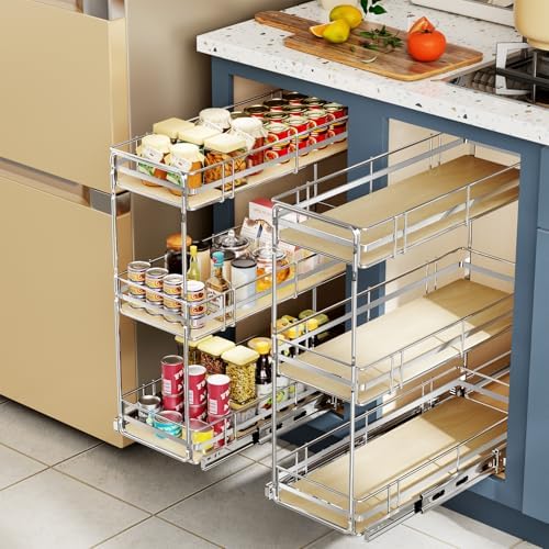 ROOMTEC 3-Tier Pull Out Cabinet Organizer Spice Rack for Narrow Cabinet 9" W x 20½" D, Slide Out Wood Shelves Storage for Kitchen - Image 6