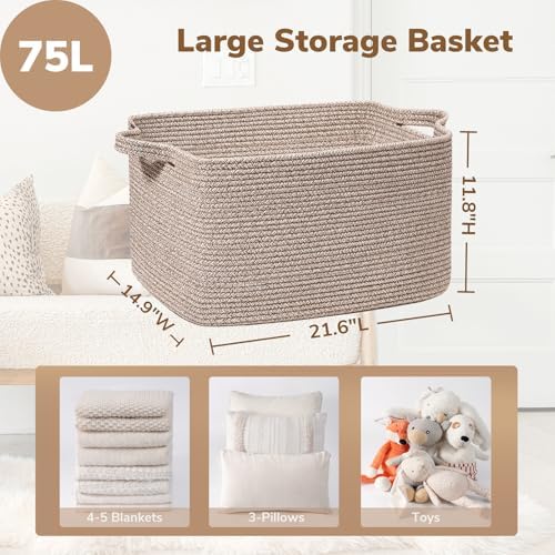 Goodpick Large Woven Rope Blanket Basket, Rectangle, Brown, 75L - Image 3