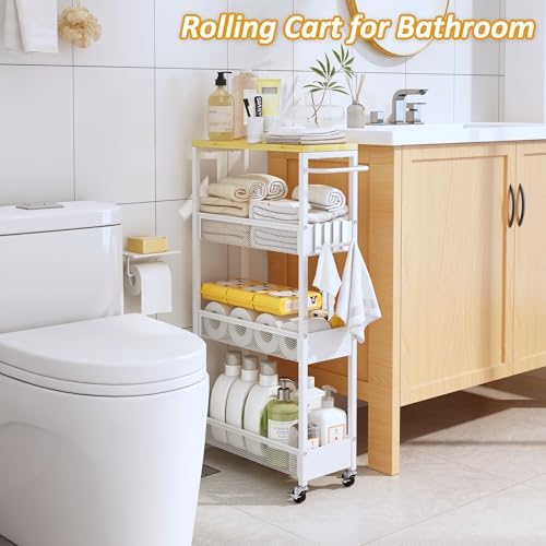 7.1" Wide Slim Storage Cart on Wheels, 4 Tier Metal Narrow Rolling Cart with Handle and Wood Top, Multifunctional Small Mobile Shelf Unit Organizer Trolley for Laundry, Bathroom, Kitchen - Image 5