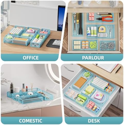 Marbrasse 5 Pack Desk Drawer Organizer Set, Mesh Drawer Storage Trays with 1 Adjustable Divider, Desk Organizers and Accessories, 5 PCS Drawer for Office Supplies, Makeup & Vanity (Blue) - Image 3